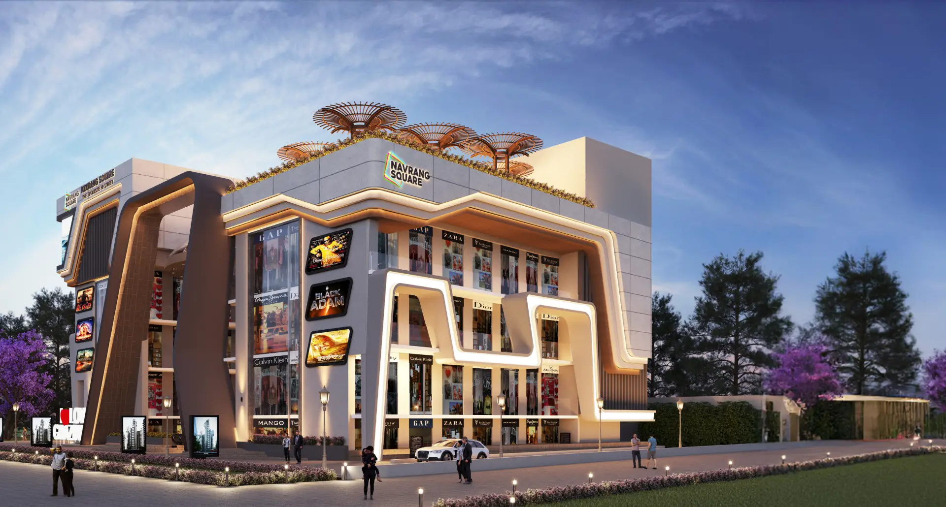Navrang Square Mall — luxury commercial complex at twilight